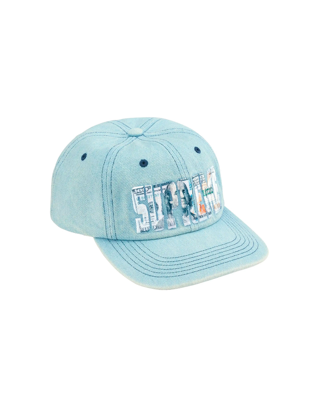 SUPREME EMBROIDERED MONEY LOGO 6 PANEL HAT LIGHT BLUE