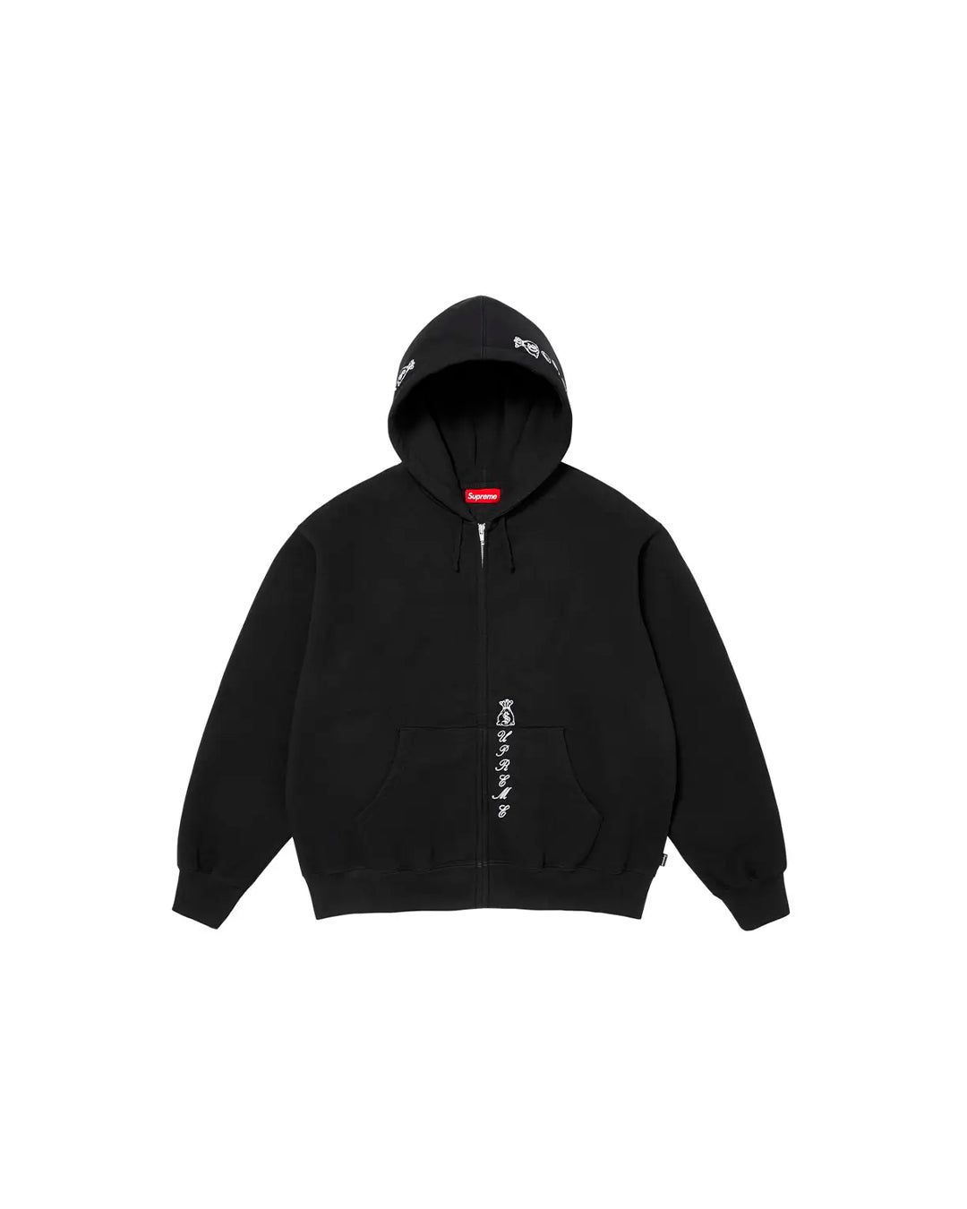SUPREME GOD OVER MONEY ZIP UP HOODED SWEATSHIRT BLACK