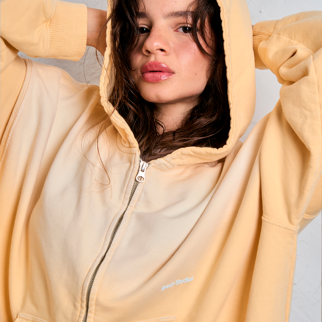 BRECH STUDIOS INITIALS BOXY ZIP YELLOW HOODIE